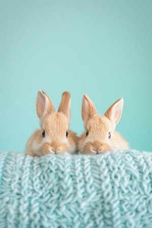 Two curious bunnies peeking over a blue blanket, framed against a light blue background.の素材