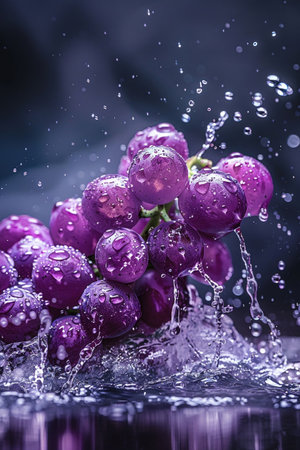 Purple grapes in mid-splash, droplets scattering off the shiny, wet surface, highlighting their rich color.の素材