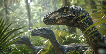 Velociraptor pack stalking through dense jungle foliage, eyes glinting in the dappled light as they sniff the air, lowangle shotの素材