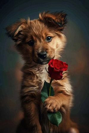 Puppy holding a red rose, dark backdrop, soft lighting highlighting its innocent expression, centered frame.の素材
