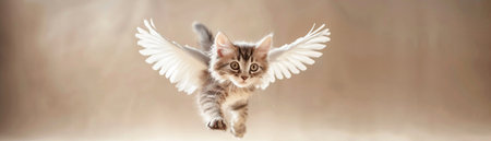 Playful kitten with angelic wings floating mid-air against a plain background, capturing an imaginative and surreal concept.の素材