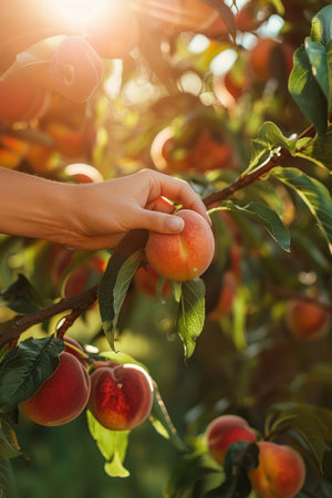Peaches ripening on a sunlit tree branch, a hand reaching to pick one as morning sunlight filters through the orchard.の素材