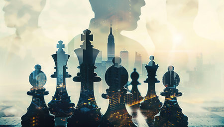Silhouetted chess pieces with business professionals in the background, double exposure, cityscape and stock charts, muted tonesの素材
