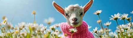 Baby goat in a bright pink sweater, frolicking in a field of daisies under a clear blue sky.の素材