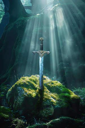 Sword stuck in a mosscovered stone in a misty forest clearing, beams of sunlight illuminating the legendary weaponの素材