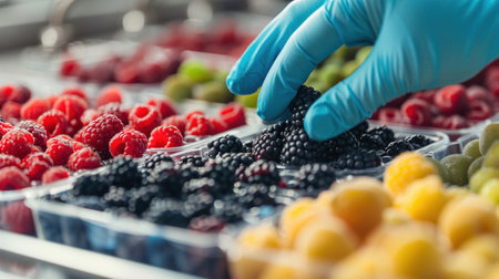 Laboratory close-up of a gloved hand arranging berries in rows, vibrant fruit colors stand out against the sterile, precise setup.の素材
