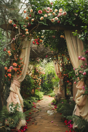 Enchanted garden pathway flanked by lush flower arches and billowing curtains, perfect for a fairy tale setting.の素材