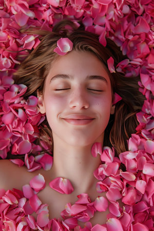 A woman surrounded by a bed of pink flower petals, eyes closed, relaxed smile, overhead shot highlighting natural beauty and tranquilityの素材