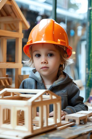 A child wearing a hard hat builds a wooden model house, a playful yet earnest exploration of architecture and creativityの素材