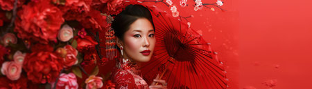 A woman in traditional Asian attire poses with an umbrella in front of vivid red, surrounded by floral decor, emphasizing elegance and cultural heritageの素材