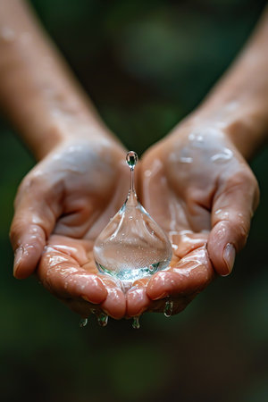 A Hands delicately holding a pristine water drop, save water dayの素材