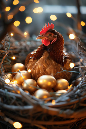 Hen perched in a nest filled with golden eggs, illuminated by warm, sparkling fairy lights, symbolizing prosperity and creativityの素材