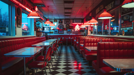 Retrostyle diner with red booths and checkered flooring, neon signs glowing, dim evening lighting, nostalgic yet lively atmosphereの素材