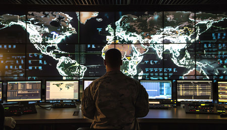 Military professional monitoring data in a secure operations center, multiple screens displaying global maps and network connectionsの素材