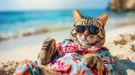 Cat lounging on a sandy beach in a floral shirt and sunglasses, soaking up the sun and exuding a relaxed, carefree vibeの素材