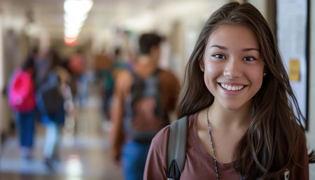 A smiling high school student stands in a busy hallway, captured in soft, natural light with classmates blurred in the background, radiating optimismの素材