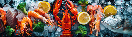 Assorted seafood on ice, vibrant lobster in the center, surrounded by shrimp, fish, lemon slices, and broccoli, cool mist rising, overhead lighting enhancing freshnessの素材