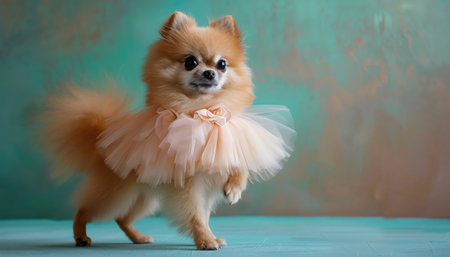 Pomeranian in a tutu, whimsical pose, soft blue background, playful moodの素材