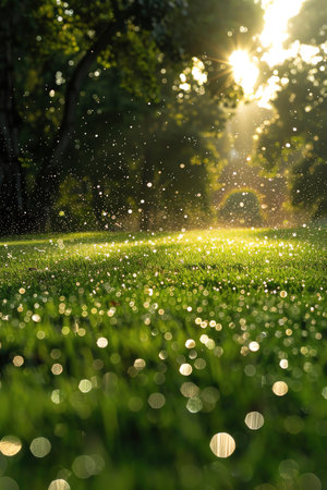 Sprinklers watering a lush green lawn, droplets of water sparkling in the morning sun, creating a vibrant, wellmaintained landscapeの素材