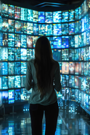 Woman standing in front of a massive wall of surveillance screens, analyzing a vast network of data from various sourcesの素材