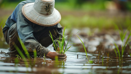 Farmer planting rice seedlings by hand in a flooded paddy, their widebrimmed hat shielding them from the sun, eyelevel shotの素材