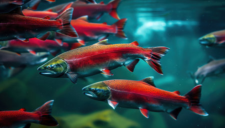 School of sockeye salmon underwater, deep blue tones, dynamic swimming motionの素材