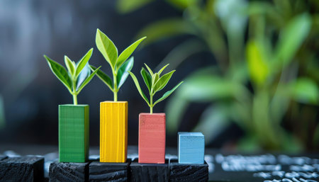 Growing plant on a miniature bar graph symbolizing business growth, with chalkboard backgrounds and colorful plants adding to the conceptの素材