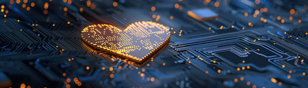 A Heart shaped computer chip on dark blue backgroundFuture technology conceptの素材
