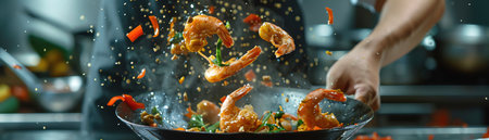 Chef tossing shrimp in wok, dynamic midair capture, highspeed shutterの素材