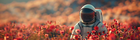 Astronaut in a suit exploring a vibrant flower field on Earth, juxtaposing space exploration with natureの素材