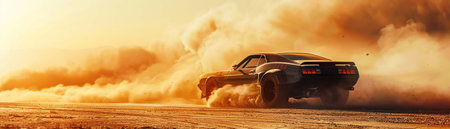 Experimental car prototype testing in a desert, dust trails behind, advanced suspension visible, under harsh testing conditionsの素材