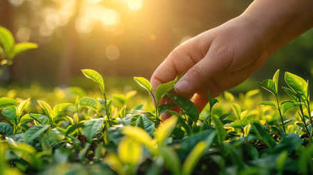 Closeup of a hand tenderly touching young tea leaves at sunrise, vibrant green tones, soft golden backlightingの素材