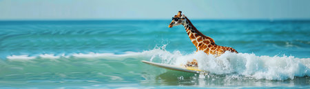 Giraffe on a surfboard riding through ocean waves, wearing sunglasses, depicting a whimsical and adventurous spiritの素材