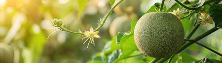 Melon vine in a garden, showing a small, developing fruit with blossoms, focus on the natural growth processの素材