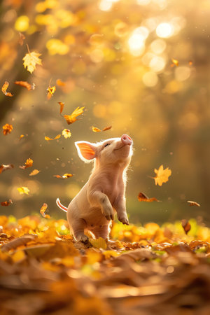 Joyful piglet frolicking in autumn leaves, golden sunlight enhancing the warm and playful sceneの素材