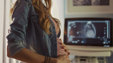 Pregnant woman at ultrasound, hand on belly, focus on sonogram screen in background, intimate and hopefulの素材