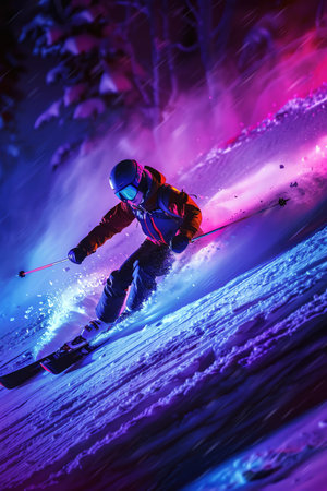 Skier speeding down a snowy slope at night, vivid purple and blue lighting, dynamic action shotの素材