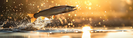 Large pike jumping out of water, sunrise backlight, water droplets in sharp focus, wide lensの素材