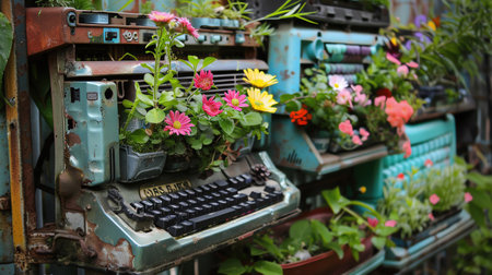 Old computer parts repurposed as planters, colorful flowers growing from keyboards and monitors, tech meets ecofriendly garden artの素材