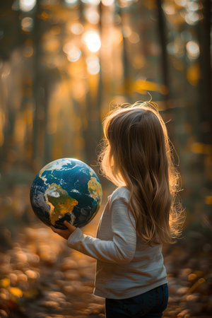 Young girl holding a painted Earth, sunlit forest background, golden hour lighting, shallow focusの素材
