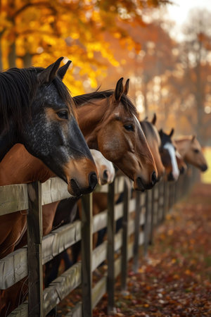 Line of horses at a fence during autumn, varied breeds, golden leaves background, early morning light, panoramicの素材