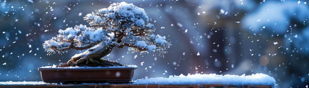 Winter scene, snowcovered bonsai on a wooden bench, twilight blue sky, delicate snowflakes visibleの素材