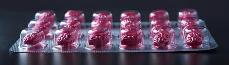 A blister pack filled with brainshaped pink capsules, neatly arranged, captured from a lowangle, creating an intriguing contrast between organic shapes and clinical precisionの素材