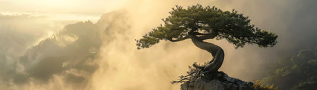 Ancient bonsai tree on a misty mountaintop, sunrise illuminating gnarled branches, serene and timelessの素材