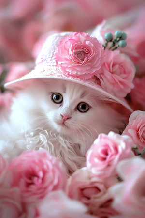 Adorable white kitten in a pink hat surrounded by soft pink roses, eyes bright, embodying innocence and charmの素材
