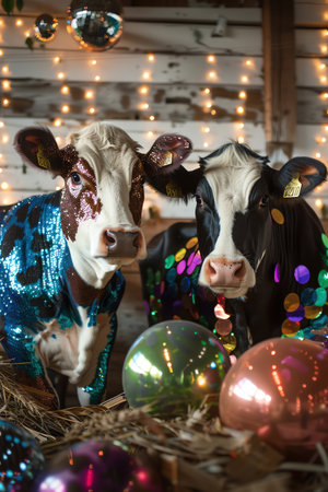 Cows in a barn wearing colorful sequined outfits, standing amidst disco balls and twinkling lights, creating a humorous party atmosphereの素材