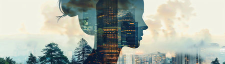 Double exposure profile silhouette, cityscape and dense forest mergeの素材