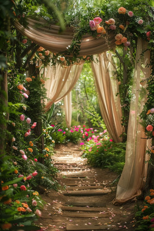Enchanted garden pathway flanked by lush flower arches and billowing curtains, perfect for a fairy tale setting.の素材