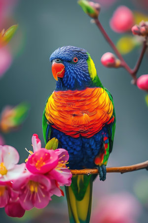 Rainbow lorikeet on branch, vibrant feathers, blurred blossoms, natural settingの素材