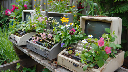 Old computer parts repurposed as planters, colorful flowers growing from keyboards and monitors, tech meets ecofriendly garden artの素材
